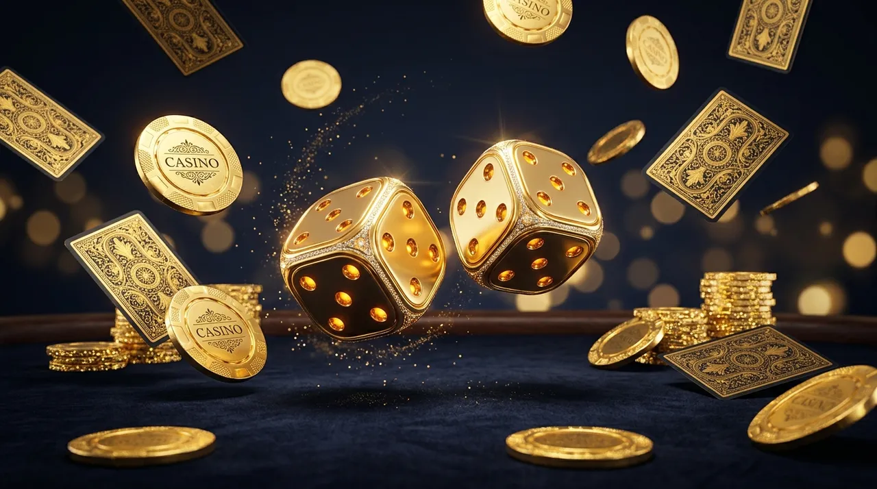 RollXO Casino golden dice and chips on dark navy background