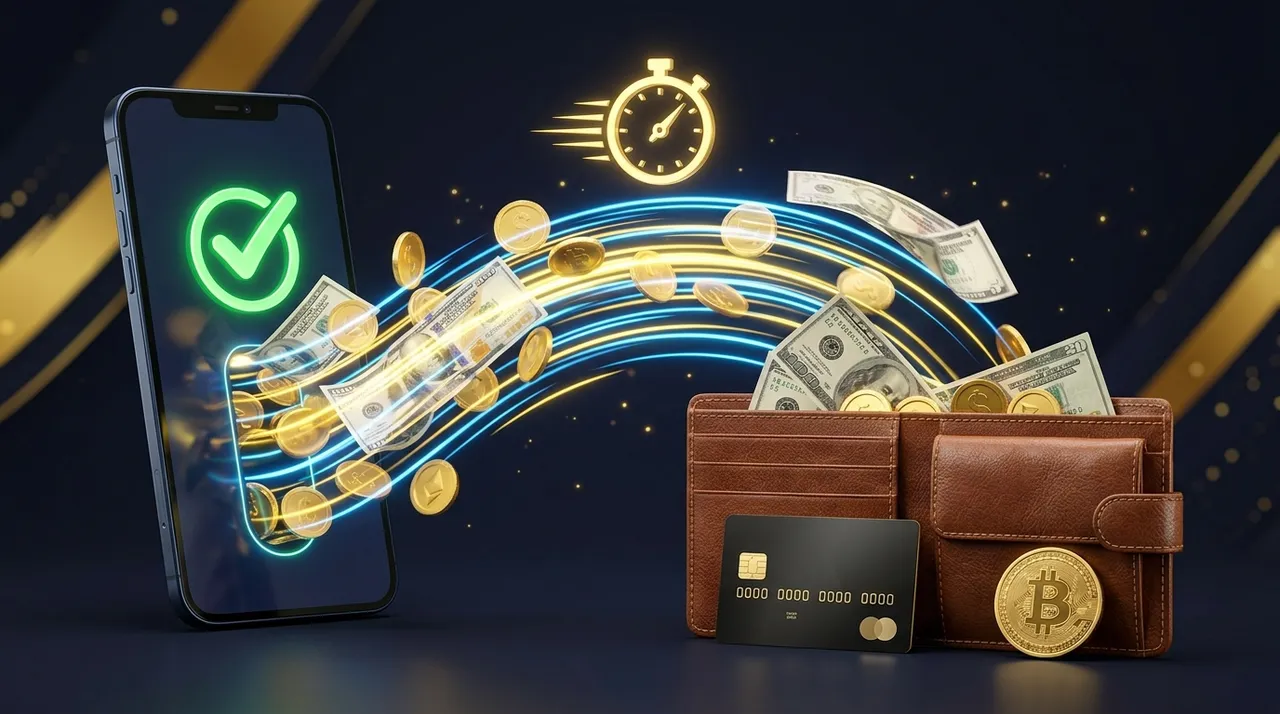 RollXO withdrawal - money flowing from phone to wallet with stopwatch